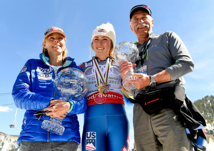 Mother and coach, Eileen (left), and her father, Jeff, who died Feb. 2, were never far from Mikaela’s side as she collected 66 wins. Photograph by Helen H. Richardson/The Denver Post/Getty Images